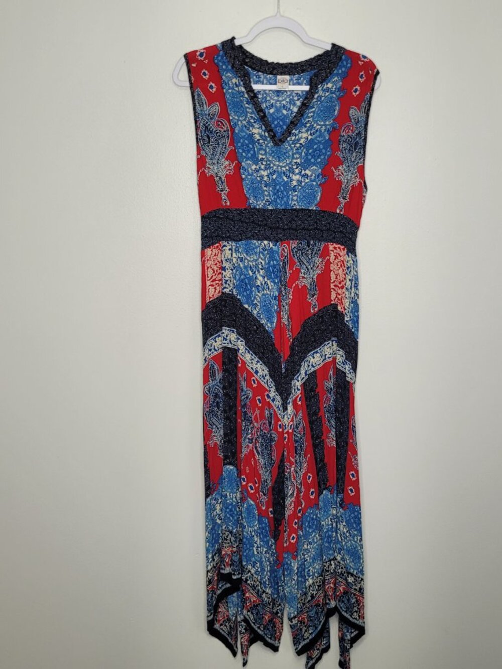 Bila red blue 4th of july mixed print boho handkerchief midi dress size large